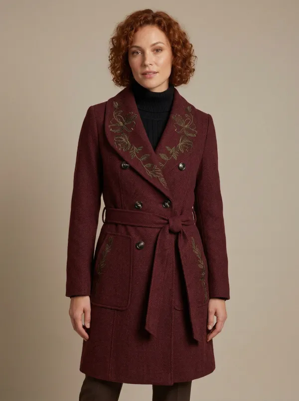 Women's Floral Embroidered Gray Herringbone Wool Blend Trench Coat