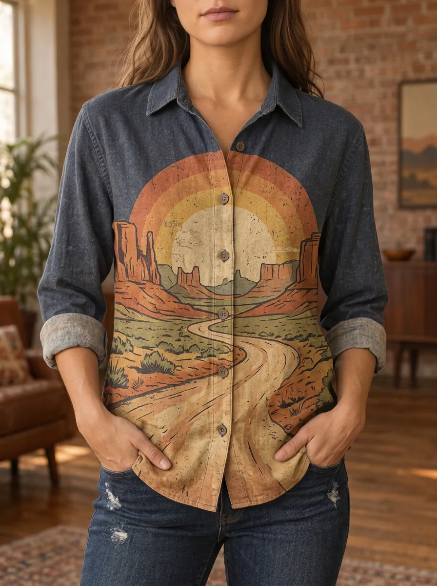 Women's Western Desert Landscape Retro Sunset Printed Shirt