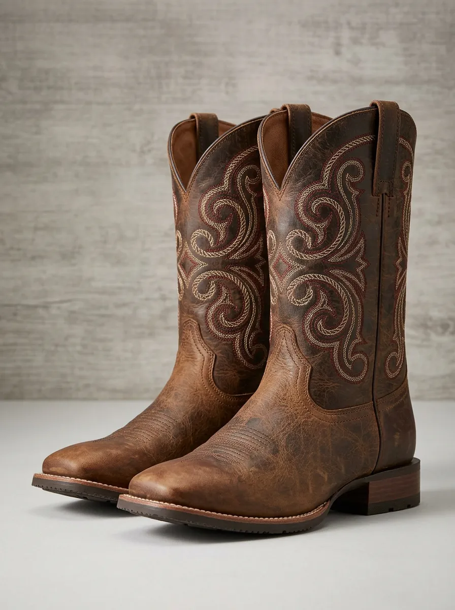 Men's Square-Toe Pull-On Embroidered Distressed Construction Western Boots
