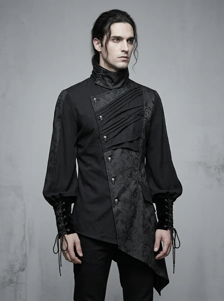 Darkwave Skull Jacquard Pleated Punk Look Men's Gothic Asymmetric Shirt