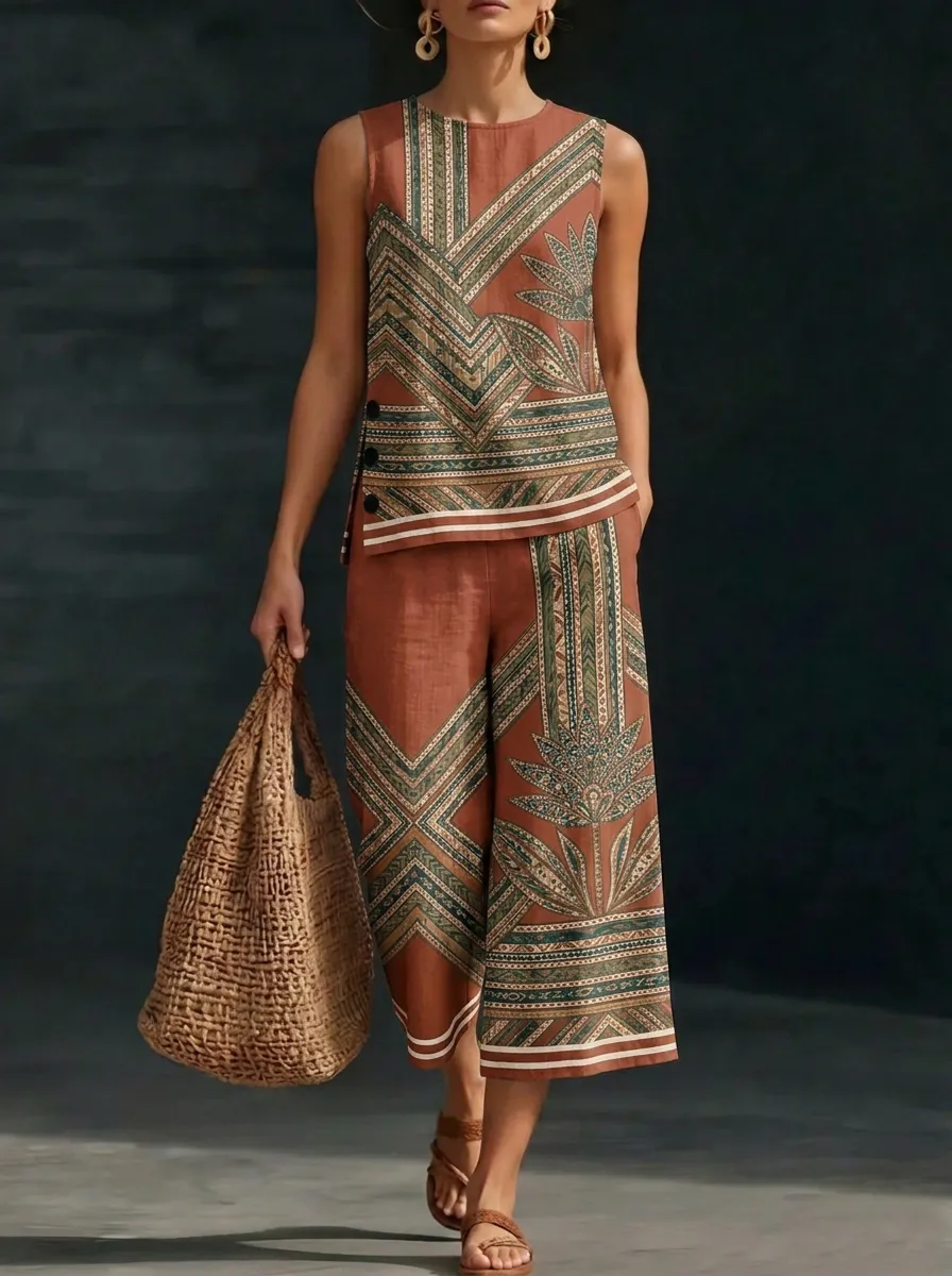 Women's Bohemian Geometric Floral Printed Sleeveless Set