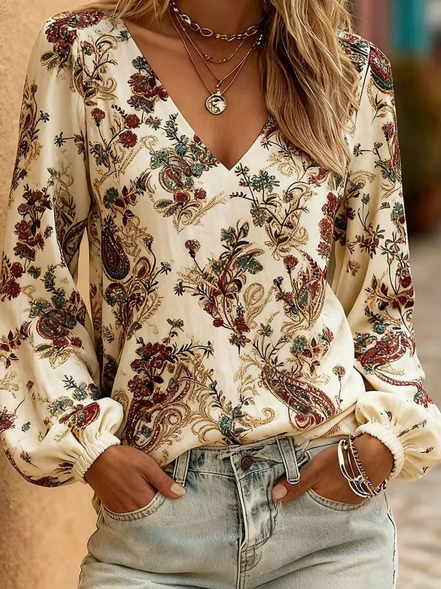 Women'S Western Retro Printed Casual Ruffled Shirt