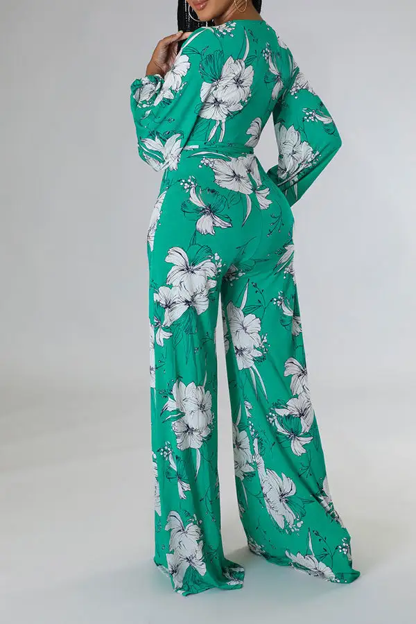 Floral Print Belted Puff Sleeve Jumpsuit
