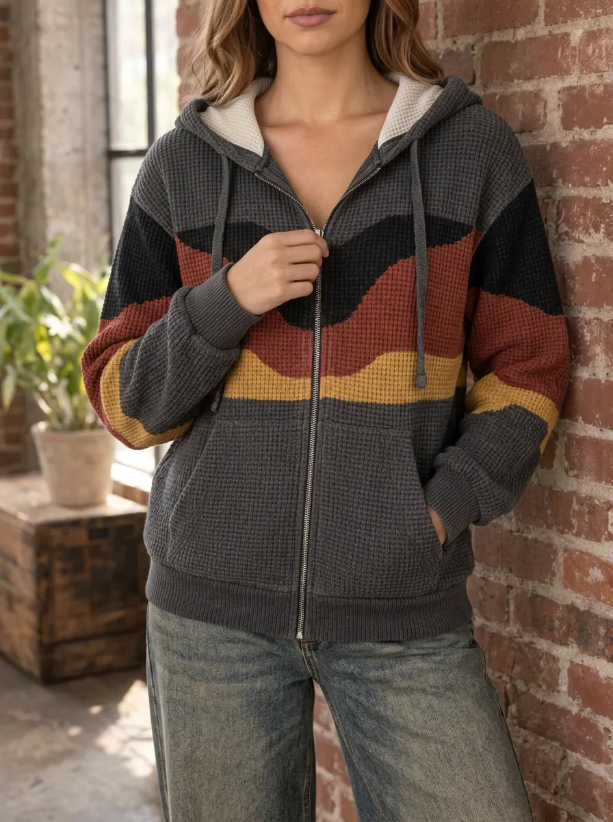 Women's Retro Colorblock Waffle Knit Zip-Up Hoodie