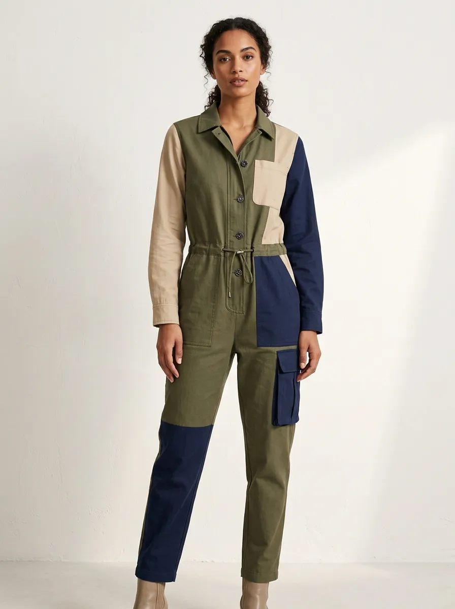 Women's Utility Patchwork Colorblock Cargo Jumpsuit