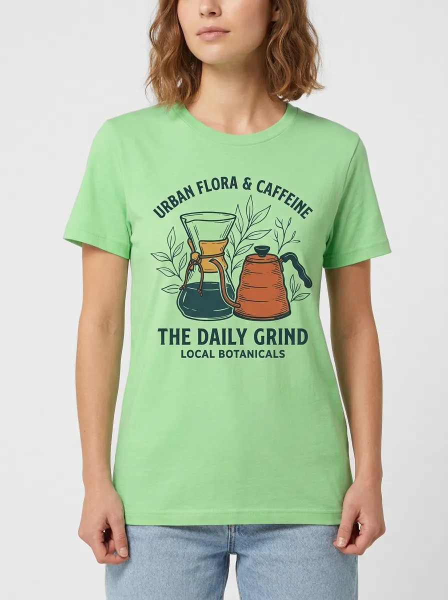 Women's Coffee-Inspired Botanical Pour Over Printed T-Shirt