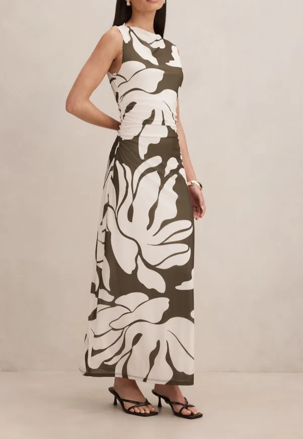 Olive White Floral Print Sleeveless Mesh Midi Dress