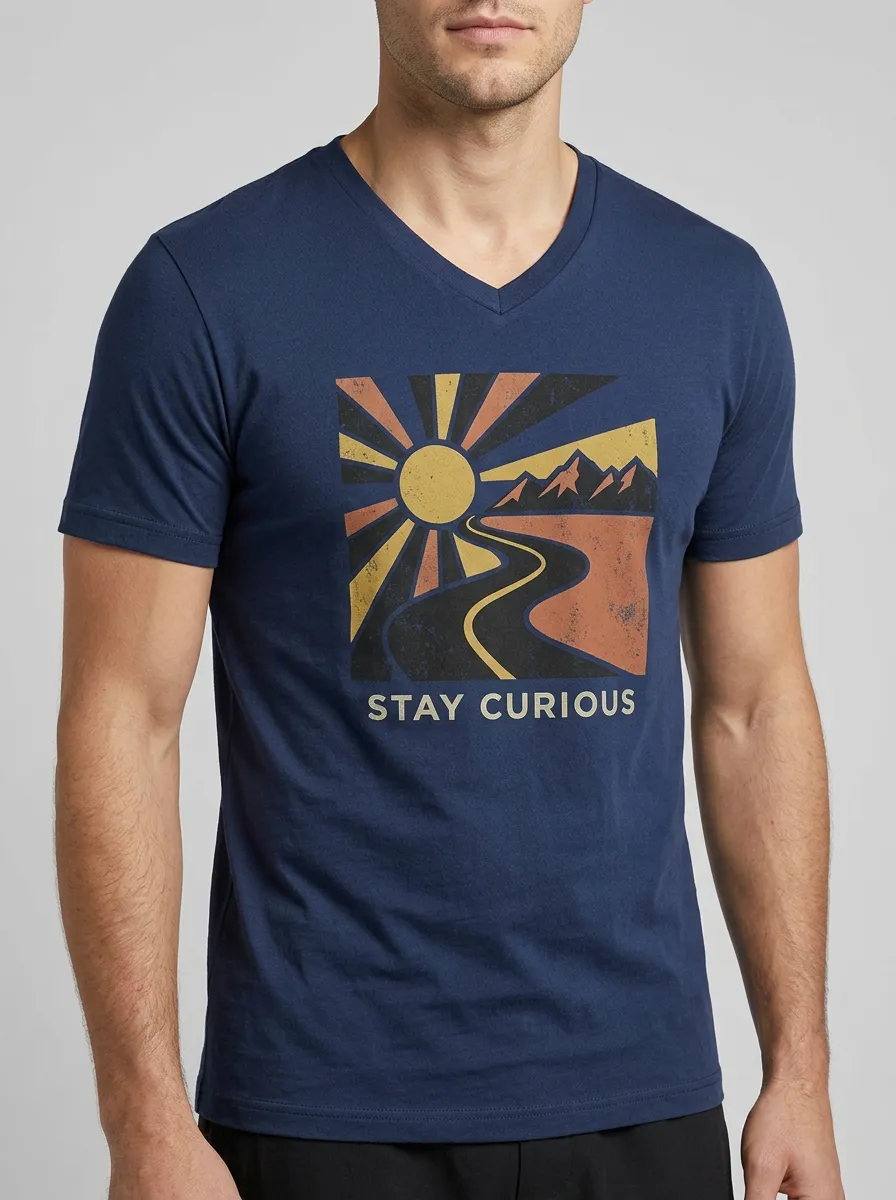 Men's Adventure Lover Stay Curious Mountain Road Printed V-Neck T-Shirt