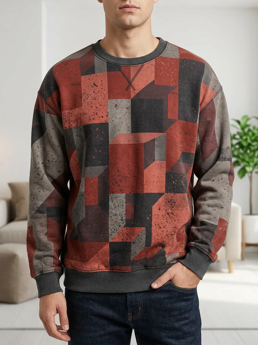 Men's Geometric Cube Pattern Red Black Printed Fleece Sweatshirt
