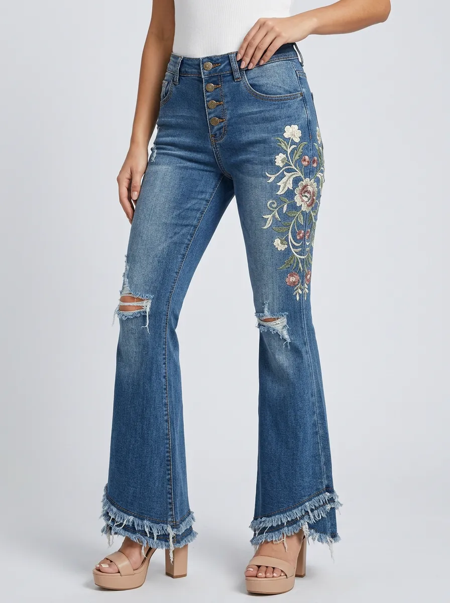 Women's Medium Wash Floral Embroidery Raw Hem Flare Jeans
