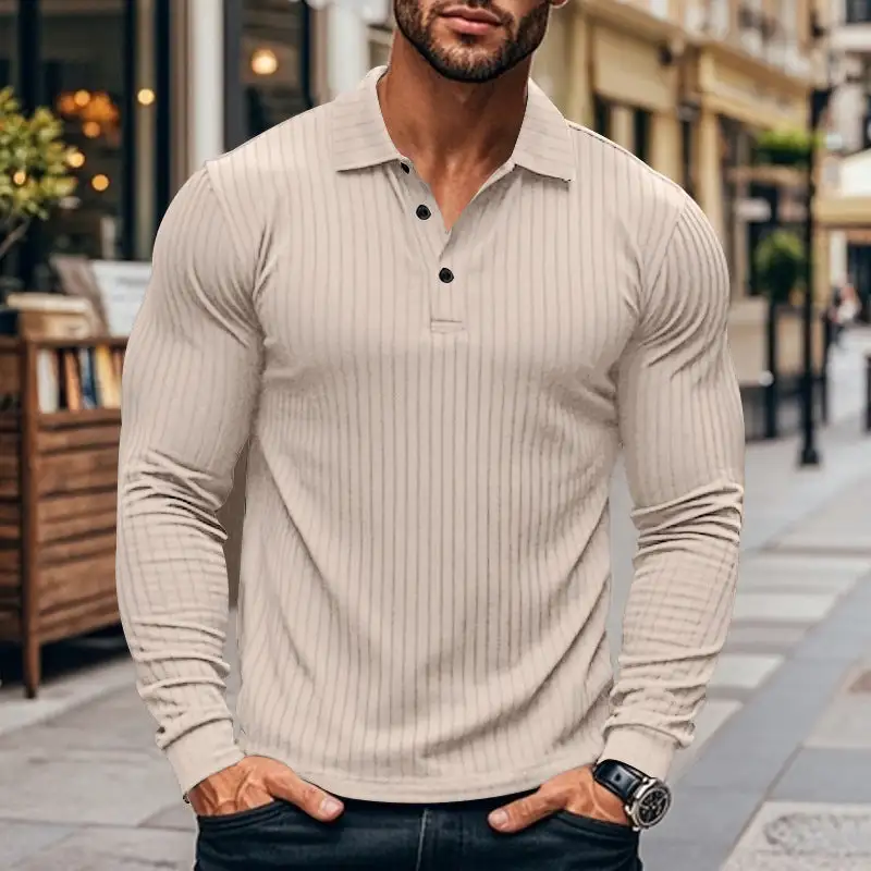 Ribbed Button Placket Spread Collar Polo Shirt