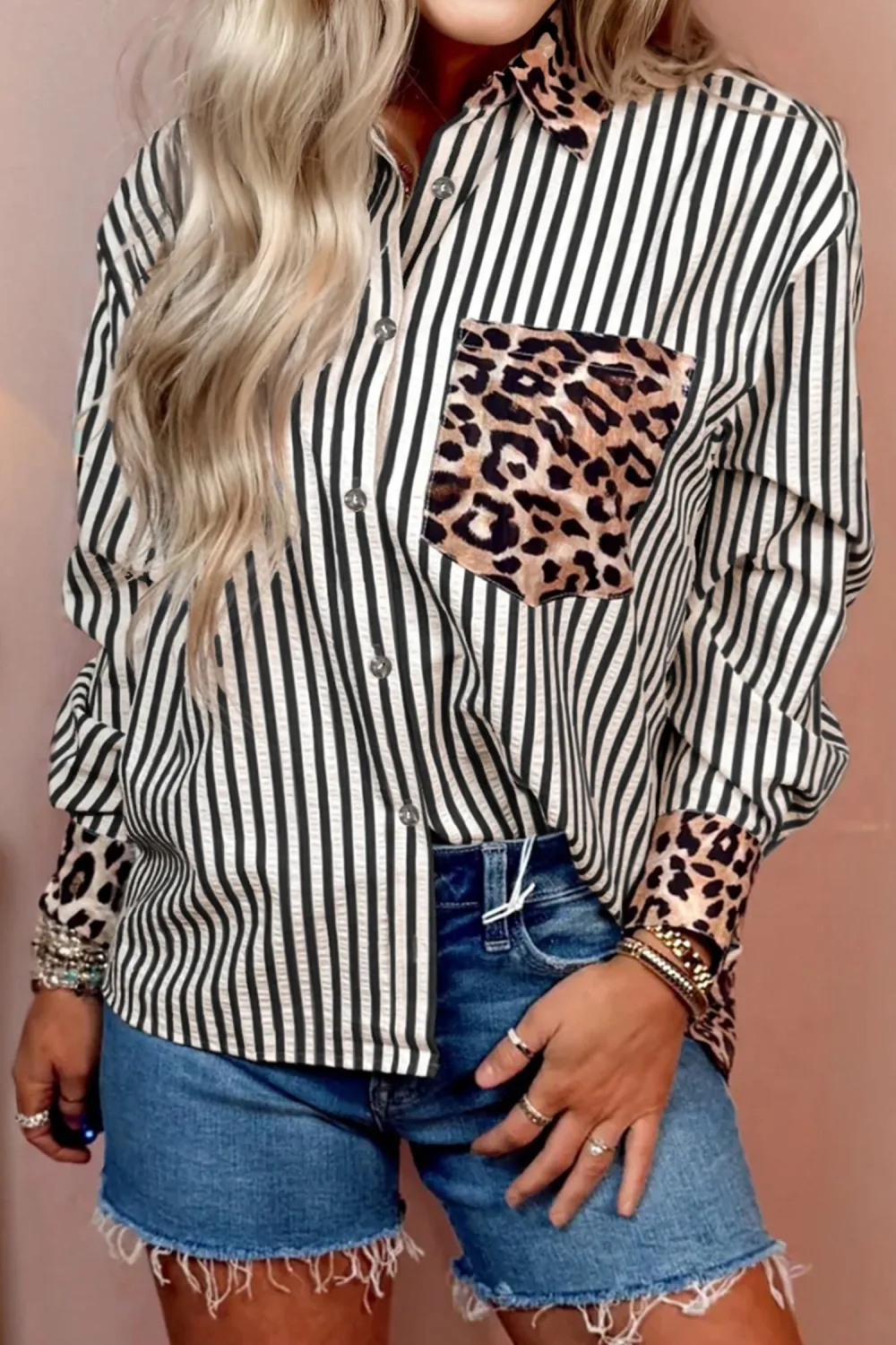 Black Striped Leopard Print Patchwork Shirt