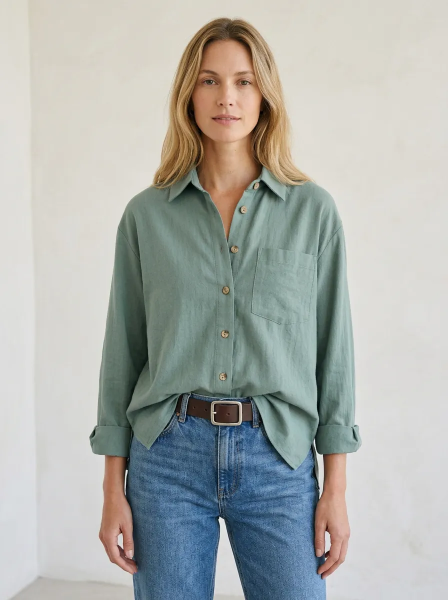 Women's Casual Sage Green Button Down Long Sleeve Shirt