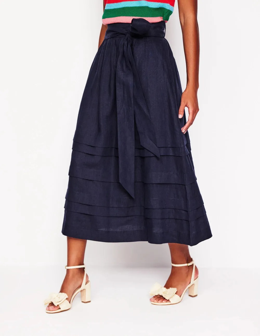 Pintuck Linen Midi Skirt