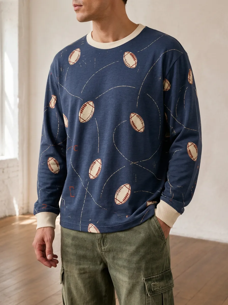 Men's American Football Lover Rugby Ball Pattern Printed Long Sleeve Top