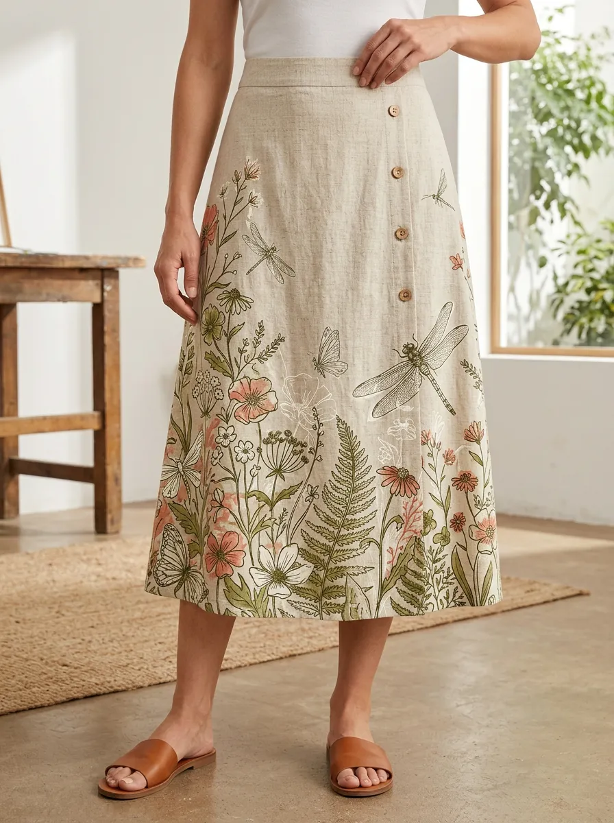 Women's Botanical Print Button-front Midi Skirt