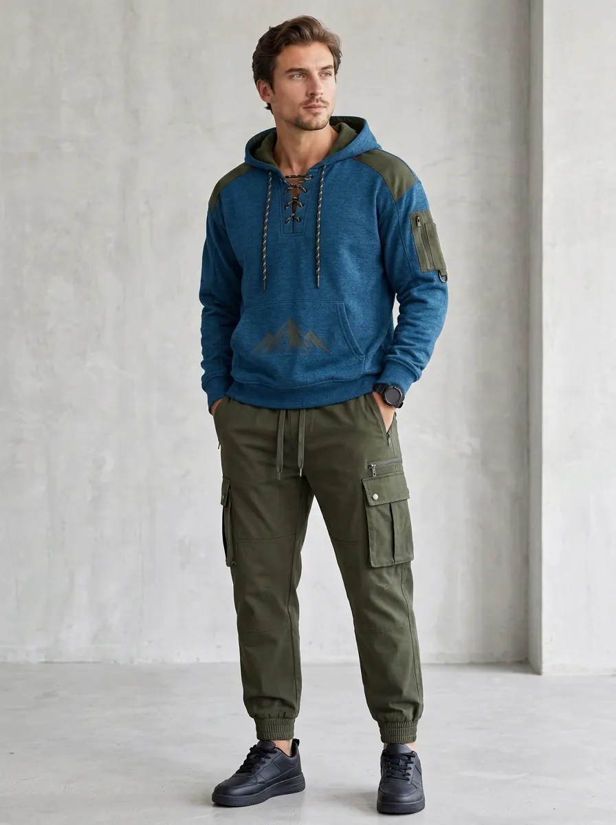 Daily Lace-Up Multi Pocket Design Men's Lace Up Hoodie And Cargo Jogger Set