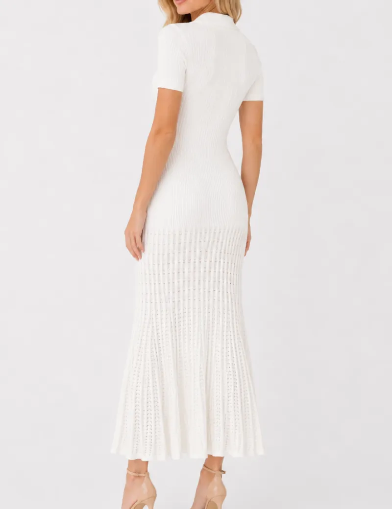 Chic Ribbed Polo Collar Short Sleeves Maxi Dress