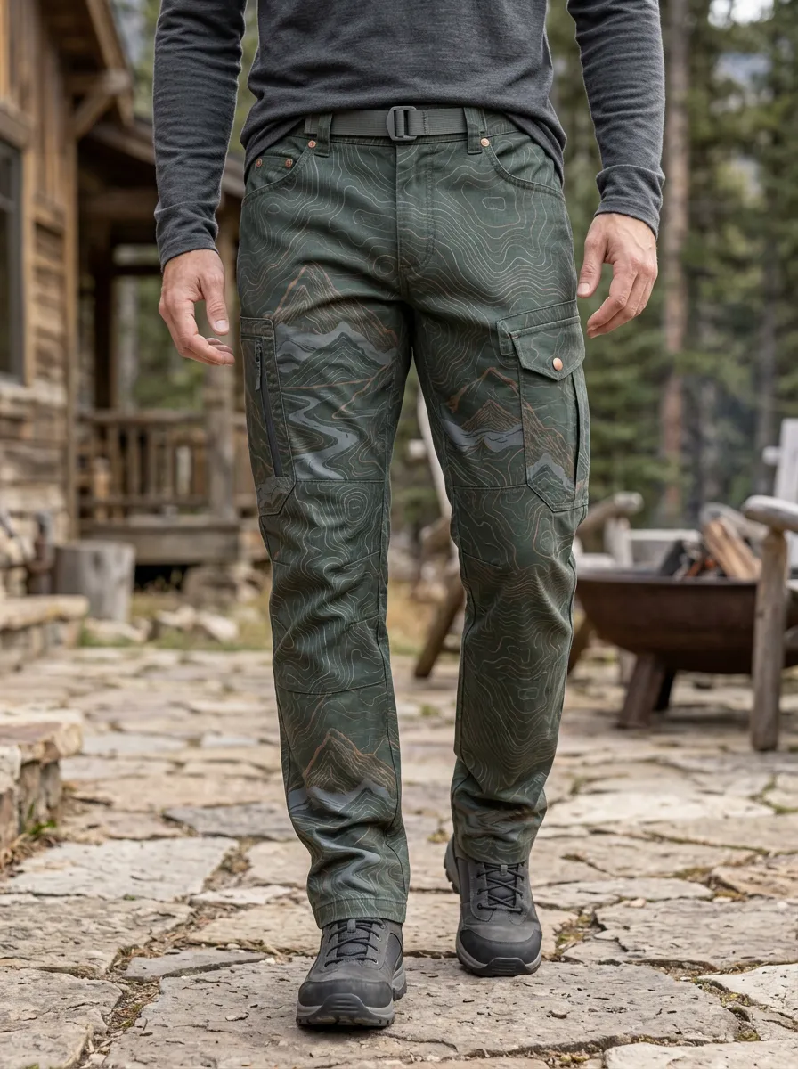 Men's Belted Topographic Print Utility Pants
