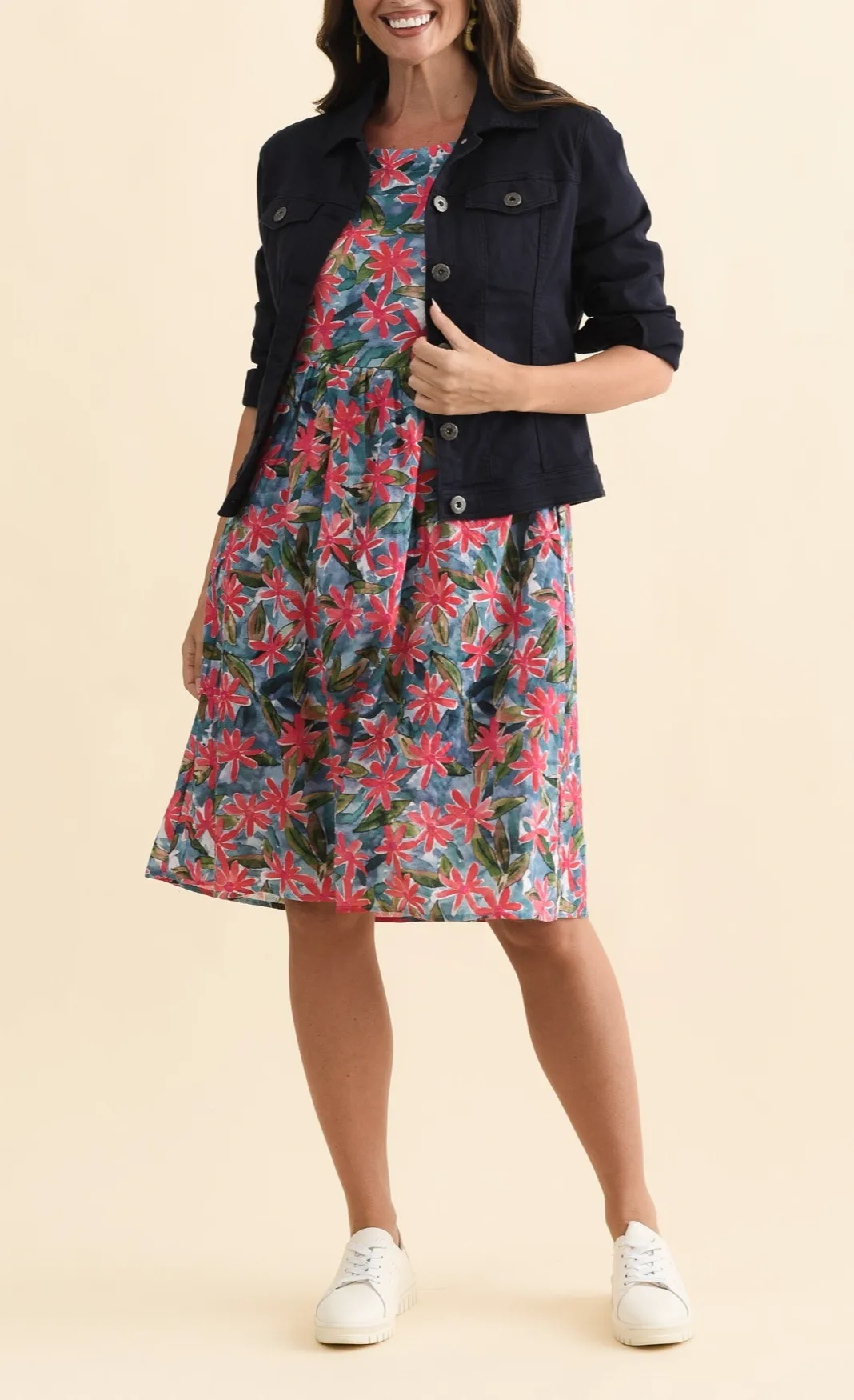 Knee-Length Floral Cotton Blend Gathered Pocket Round-Neck Half-Sleeve Dress