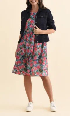 Knee-Length Floral Cotton Blend Gathered Pocket Round-Neck Half-Sleeve Dress