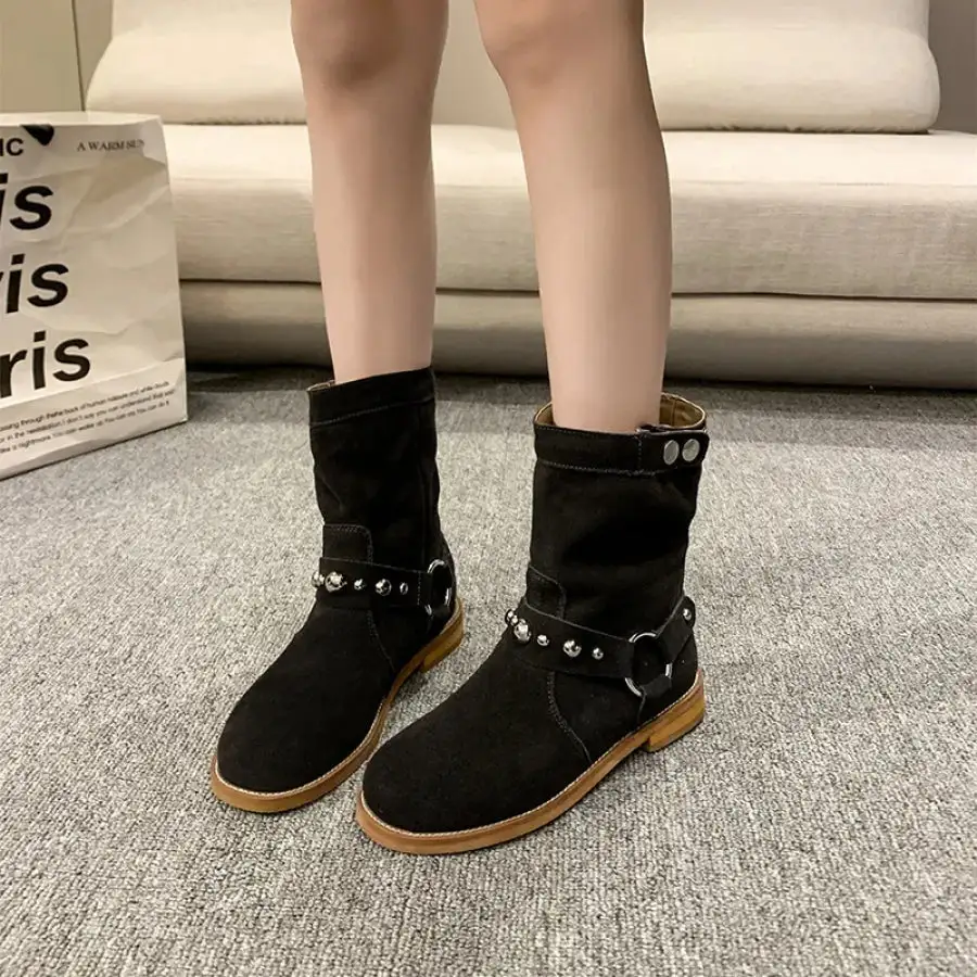 Studded Suede Mid-calf Harness Boots