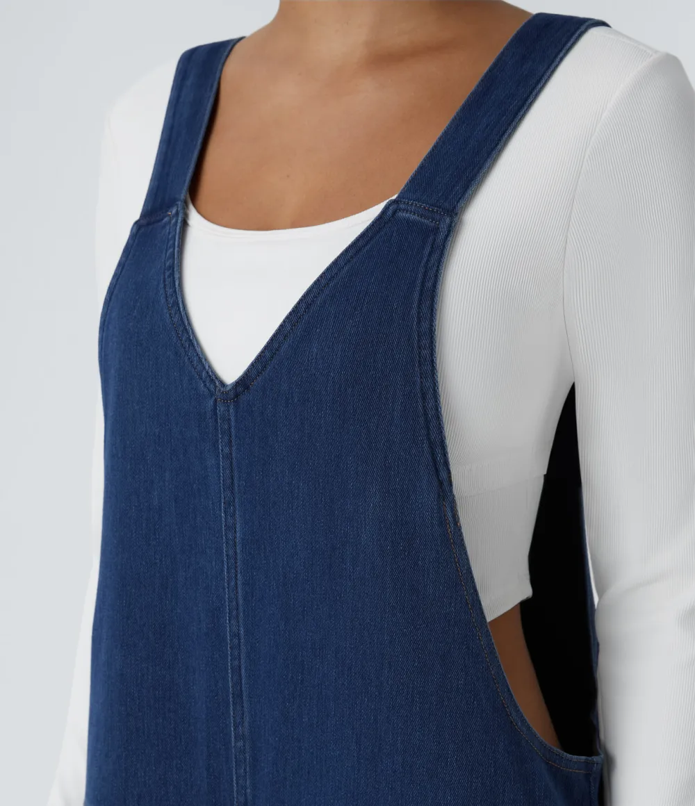 Magic V Neck Side Pocket Washed Stretchy Knit Denim Casual Overalls
