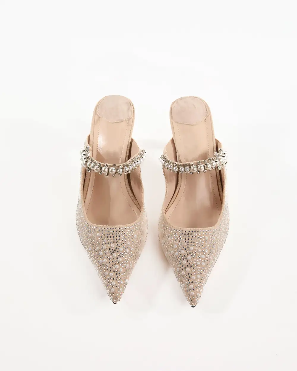 Rhinestone Strap Pearl Embellished Mules in Beige