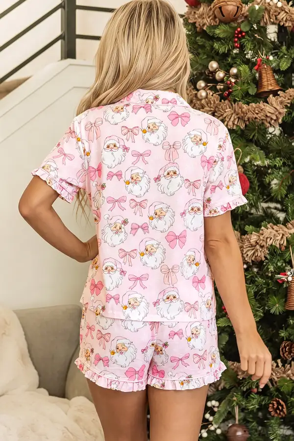 Women's Santa Print Paneling Shift Silhouette Short Sleeve Lounge Set