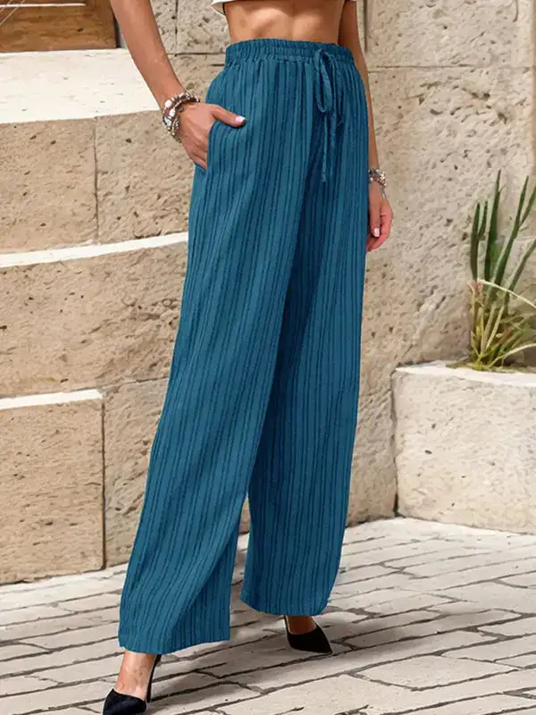Pleated Textured Elastic Straight Pants