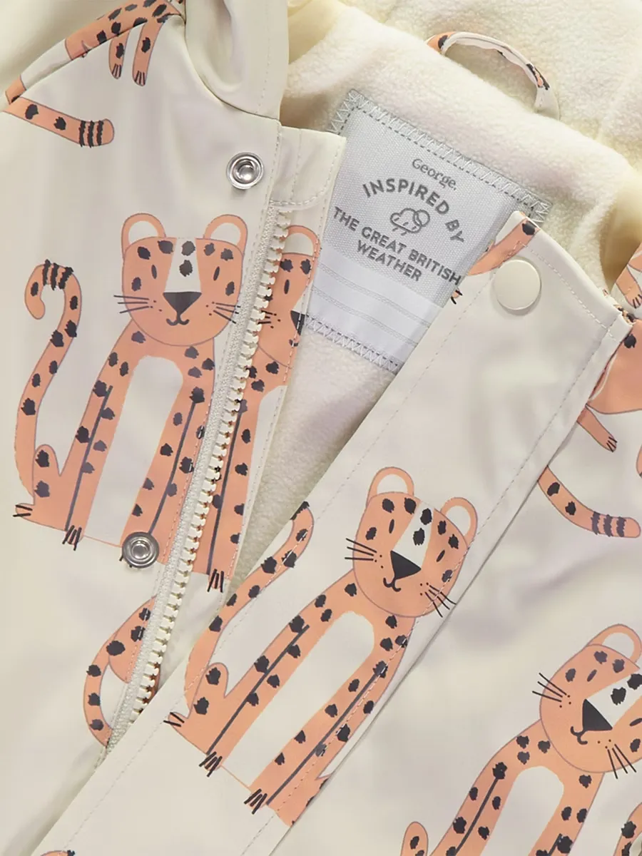Cream Cheetah Fleece Lined Hooded Fisherman Jacket