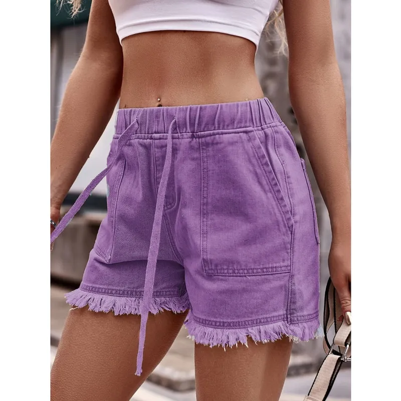Drawstring Raw-Hem Denim Shorts
