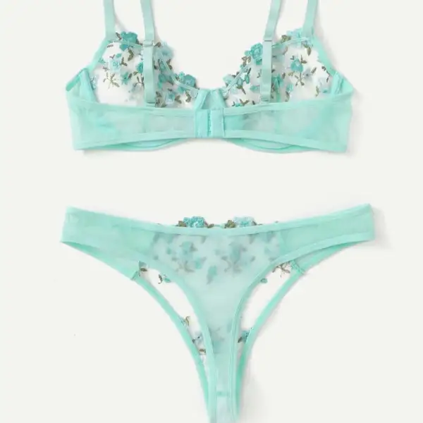 Floral Mesh Thong Lingerie Set