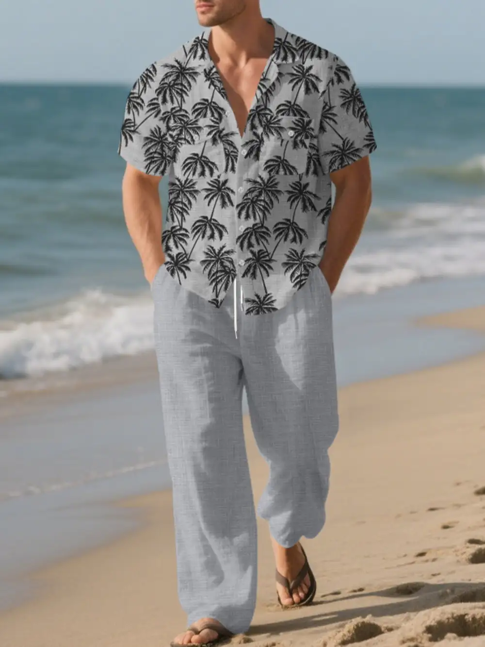 Men's Full Size Tropical Palm Print Button Up