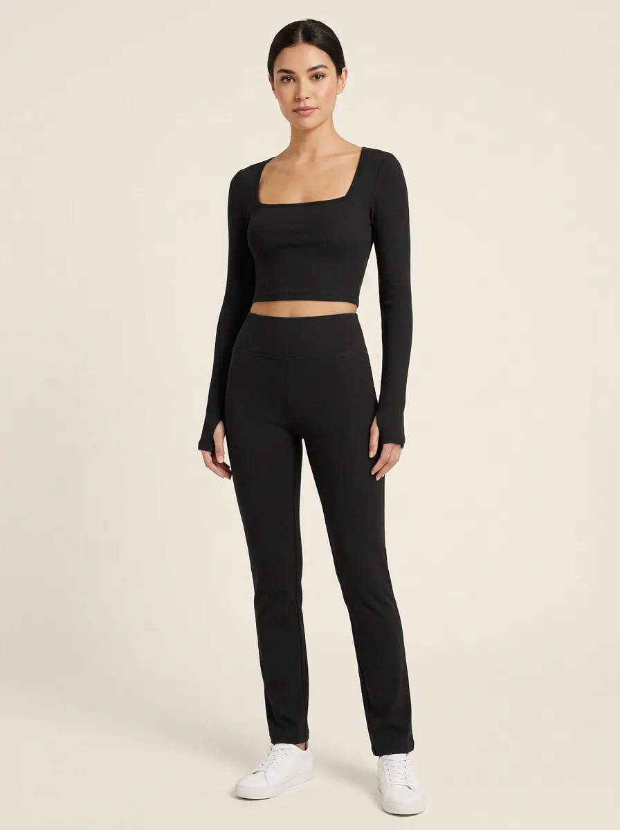 Women's Fine-Ribbed Square-Neck Thumbhole Crop Top and Straight-Leg Legging Set