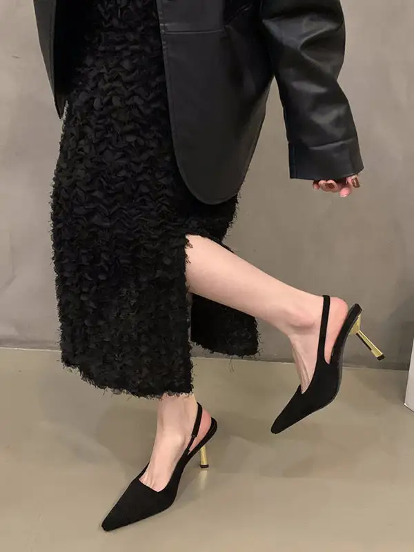 Cutout Pointed-Toe Panel Detail Slingback Rubber Sole Heeled Sandals