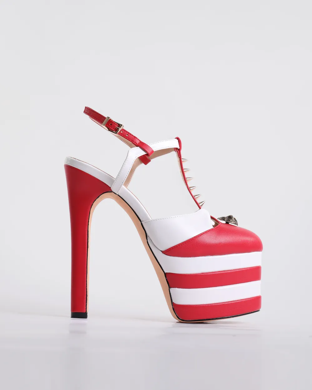 Vintage Stripe Rivet Strap Platform Heels in Red