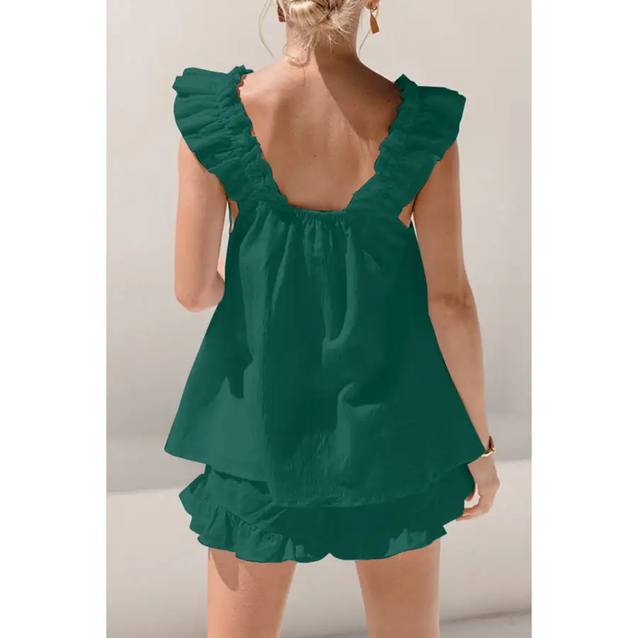 Ruffled Square Neck Top and Shorts Set