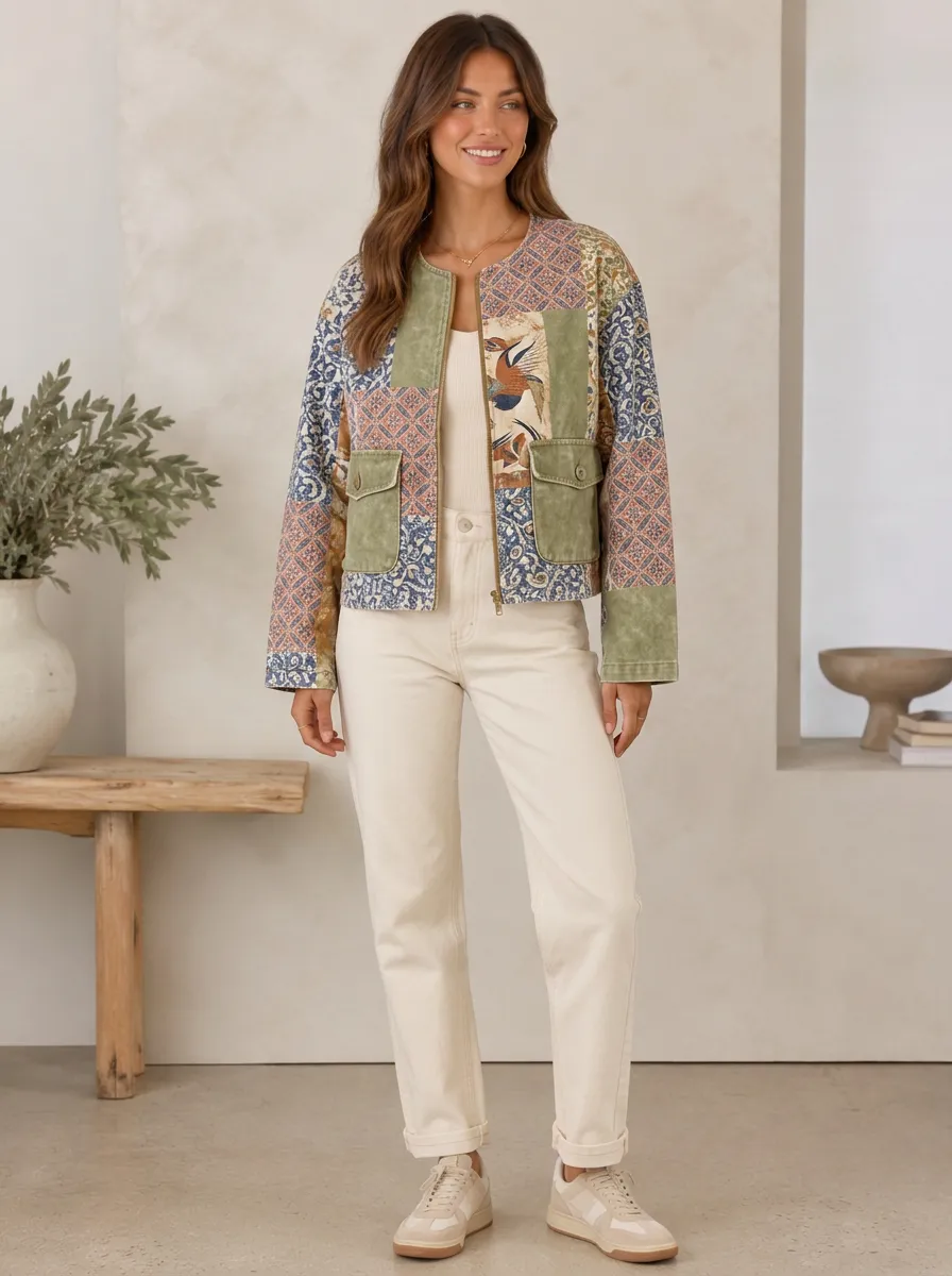 Women's Boho Vintage Patchwork Floral Printed Quilted Jacket