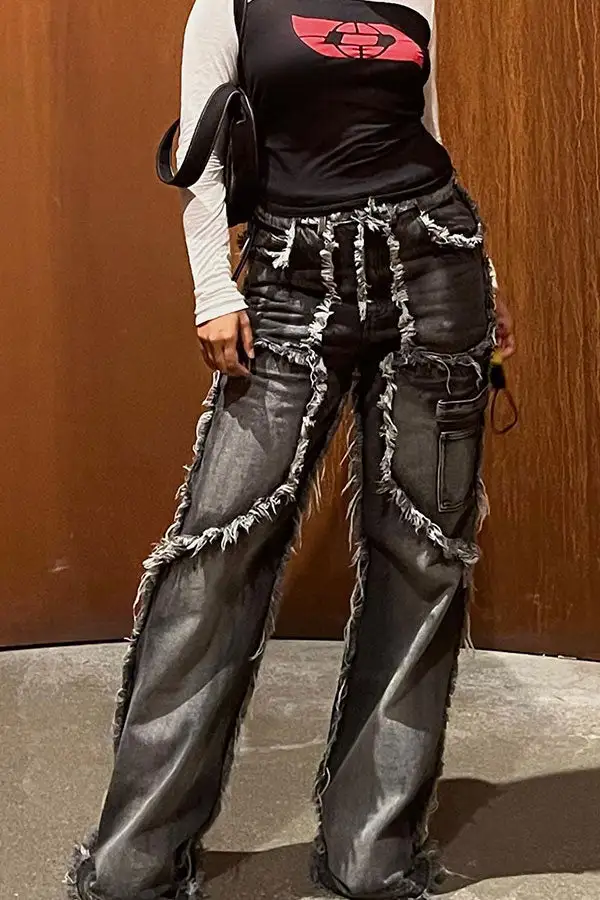 Grey High-Waist Tassel Jeans