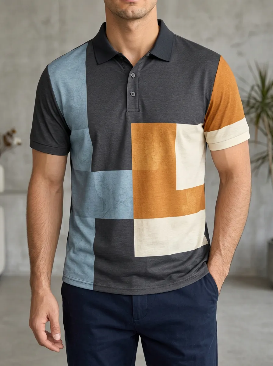 Men's Geometric Colorblock Abstract Printed Polo Shirt Everyday Casual Style