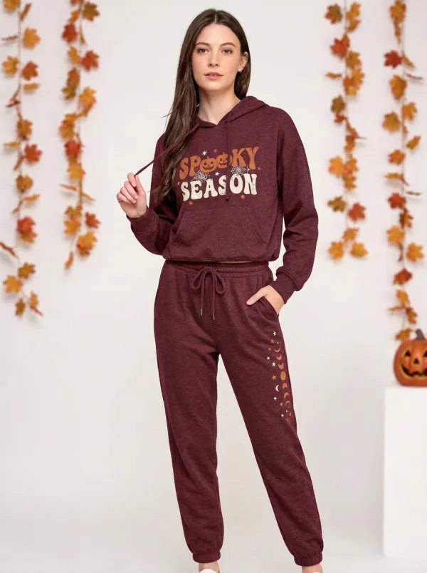 Women's Halloween Spooky Season Pumpkin Moon Printed Jogger Set
