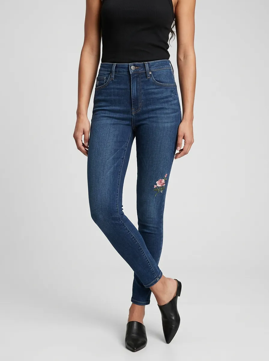 Women's Floral Pink Rose Embroidered Slim Jeans