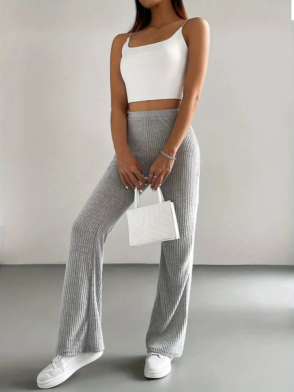 Classic Ribbed Knit High Waist Flare Pants