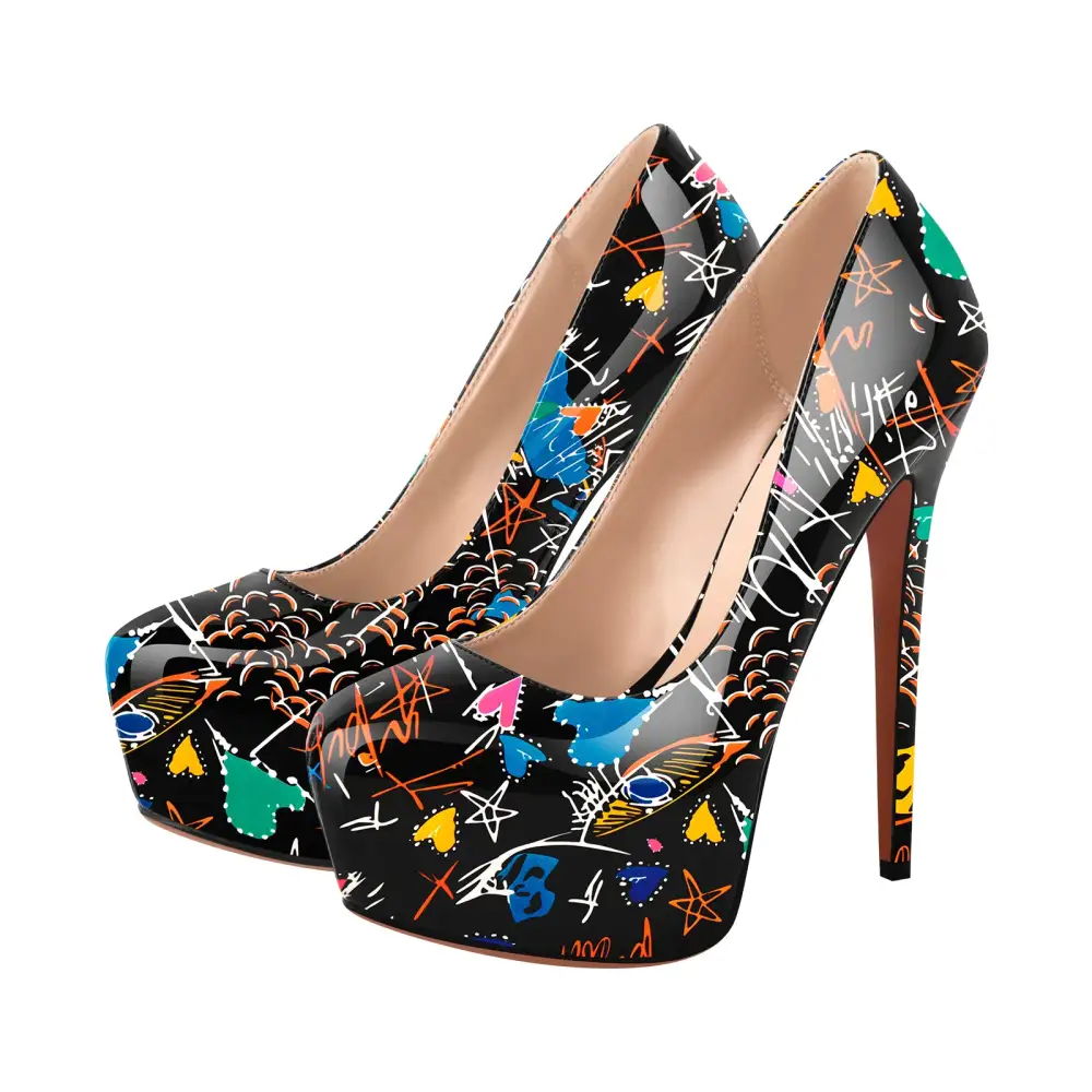 Statement Patent Finish Round Toe Platform Stiletto Pumps