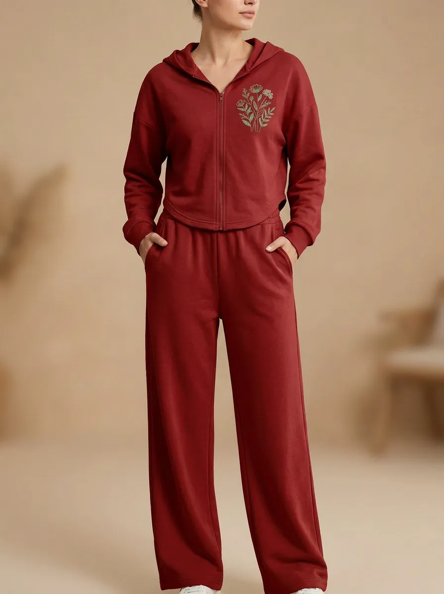 Women's Floral Embroidered Cropped Zip-Up Hoodie And Wide-Leg Trouser Lounge Set