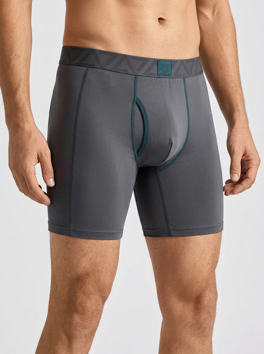 Men's Athletic Performance Grey Mesh Panel Printed Boxer Briefs