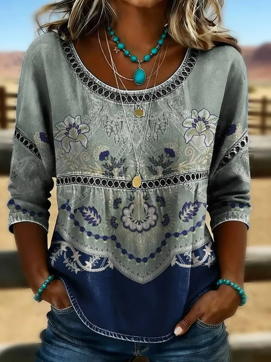 Women's Vintage Western Art Print Casual Top