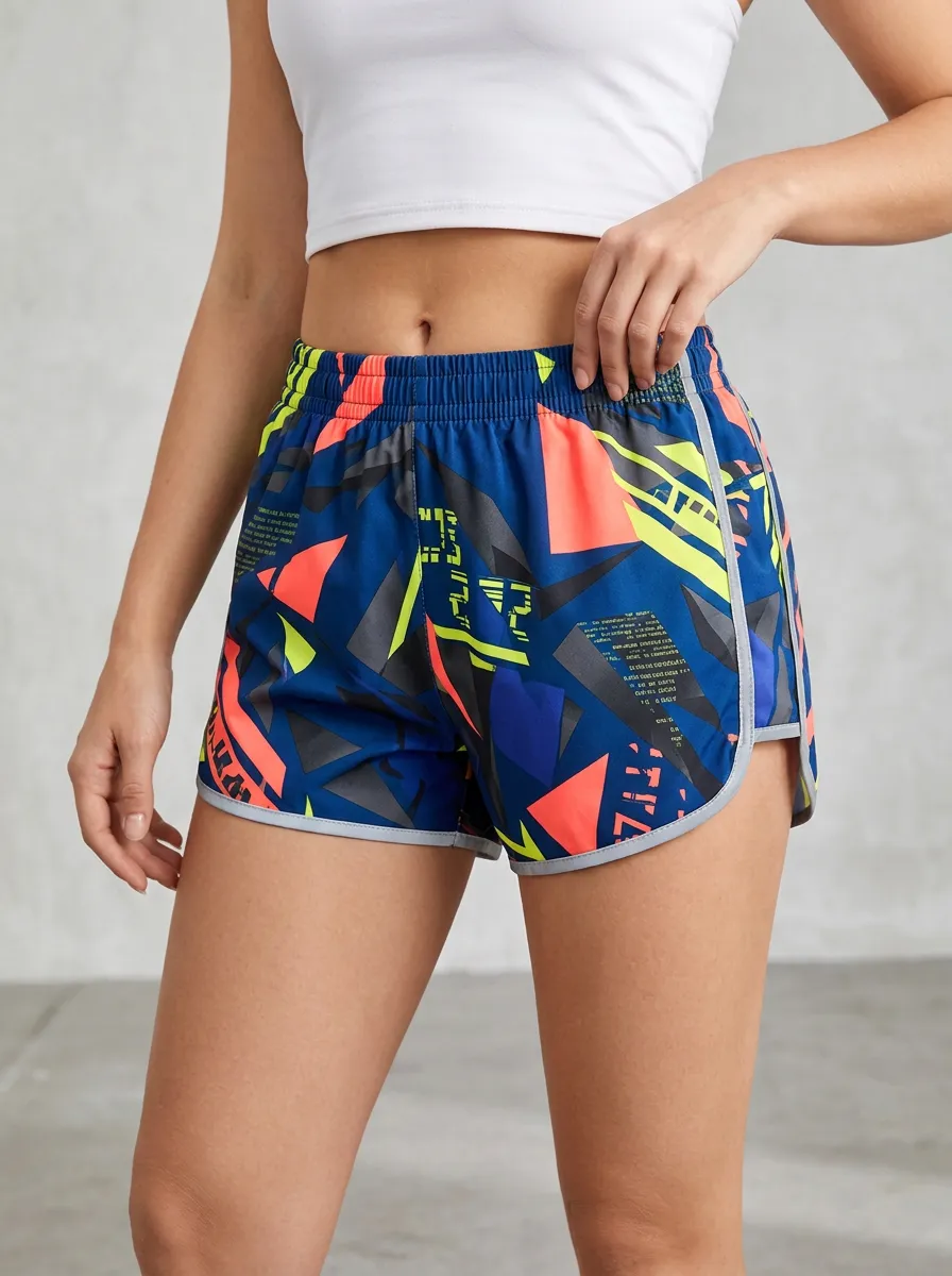 Women's Geometric Neon Abstract Curved Hem Printed Athletic Shorts