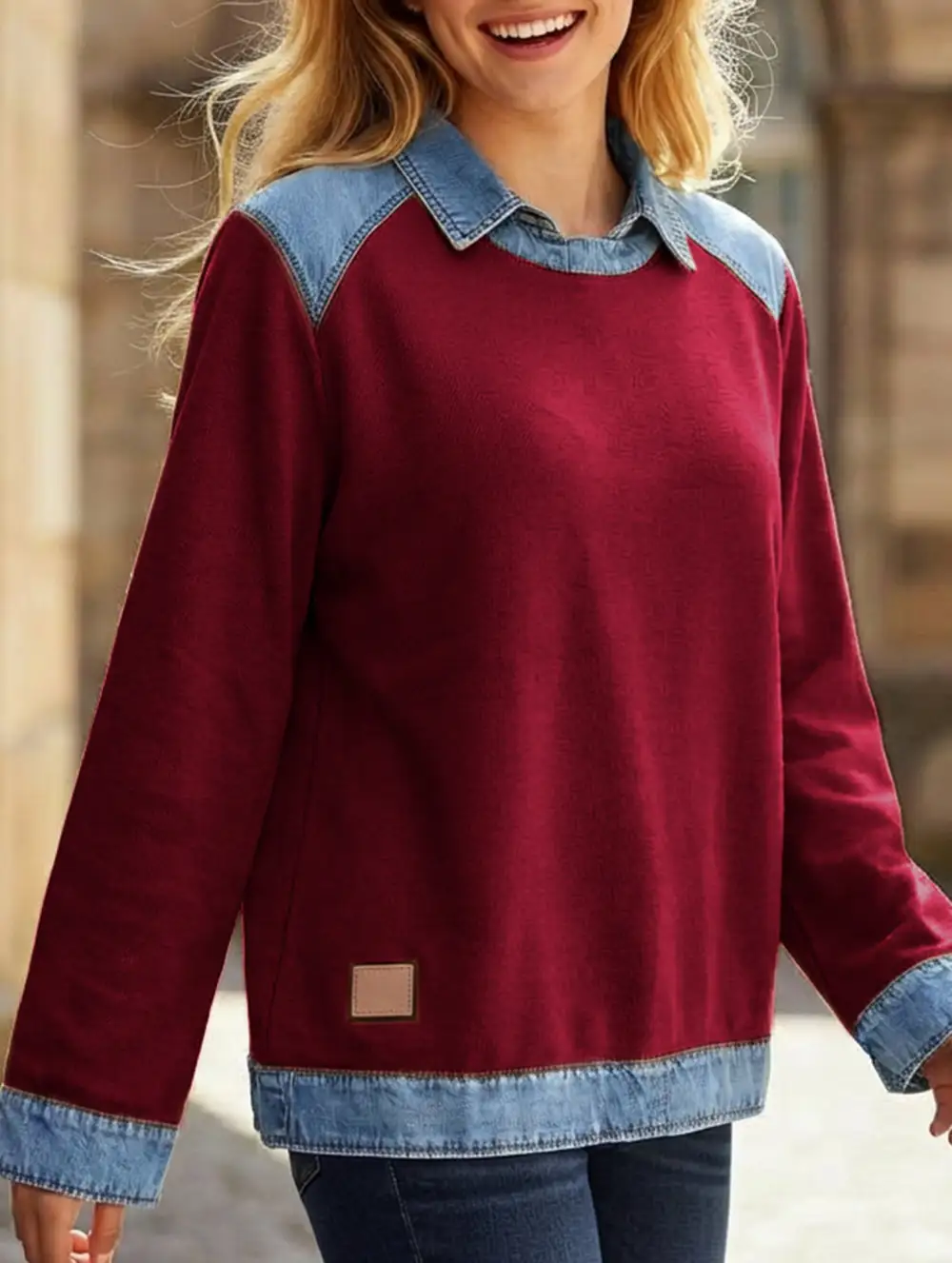 Denim Collar Patchwork Top